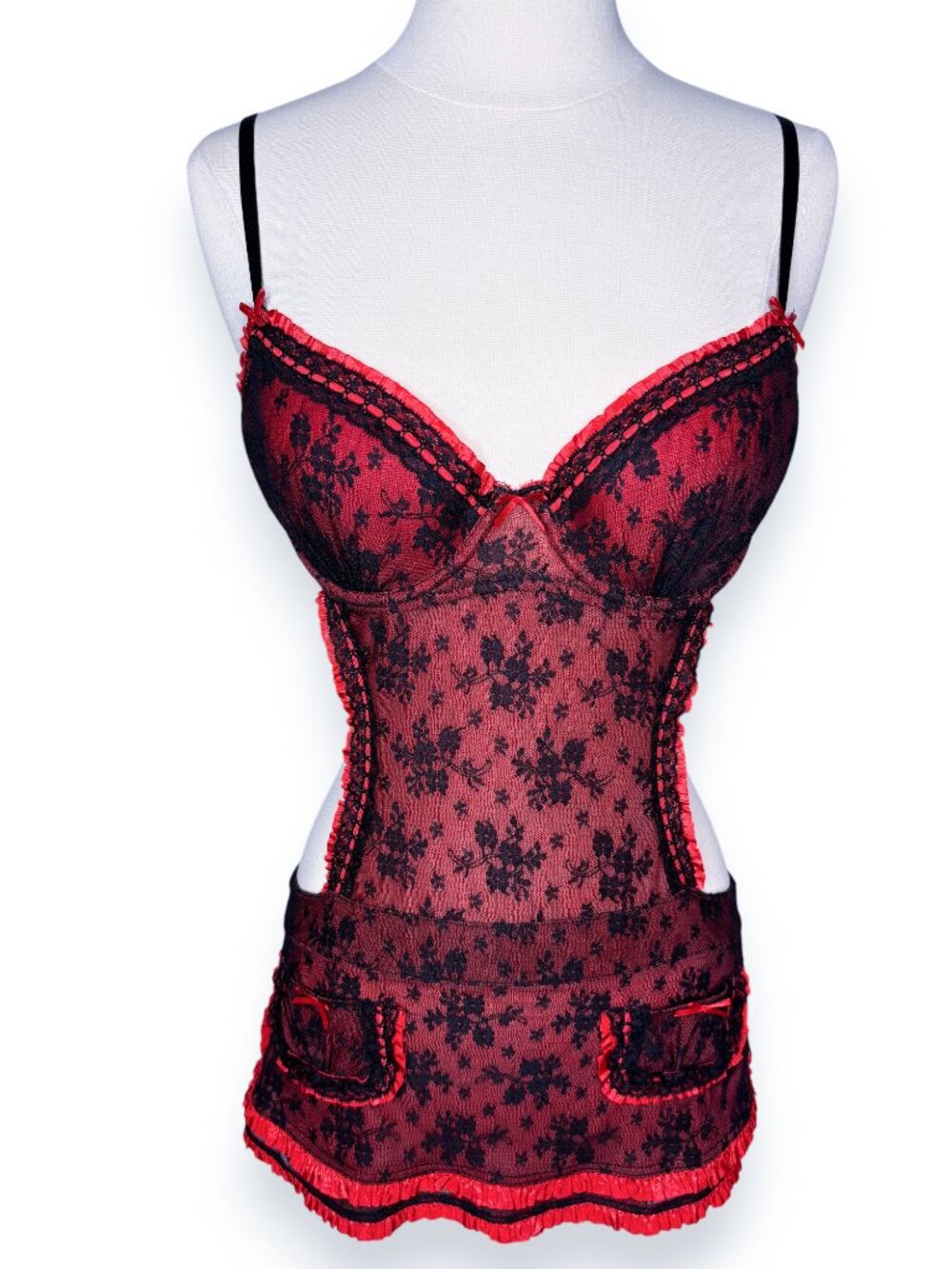 Victoria's Secret Red Black Lace Mesh Goth French Maid Apron Lingerie Size 36C
